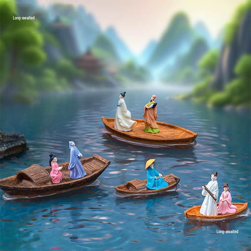 Creative Floating Mini Boat Ornaments: Zhuge Liang & Li Bai figures in Ancient Costume - DIY Decorative Accessories