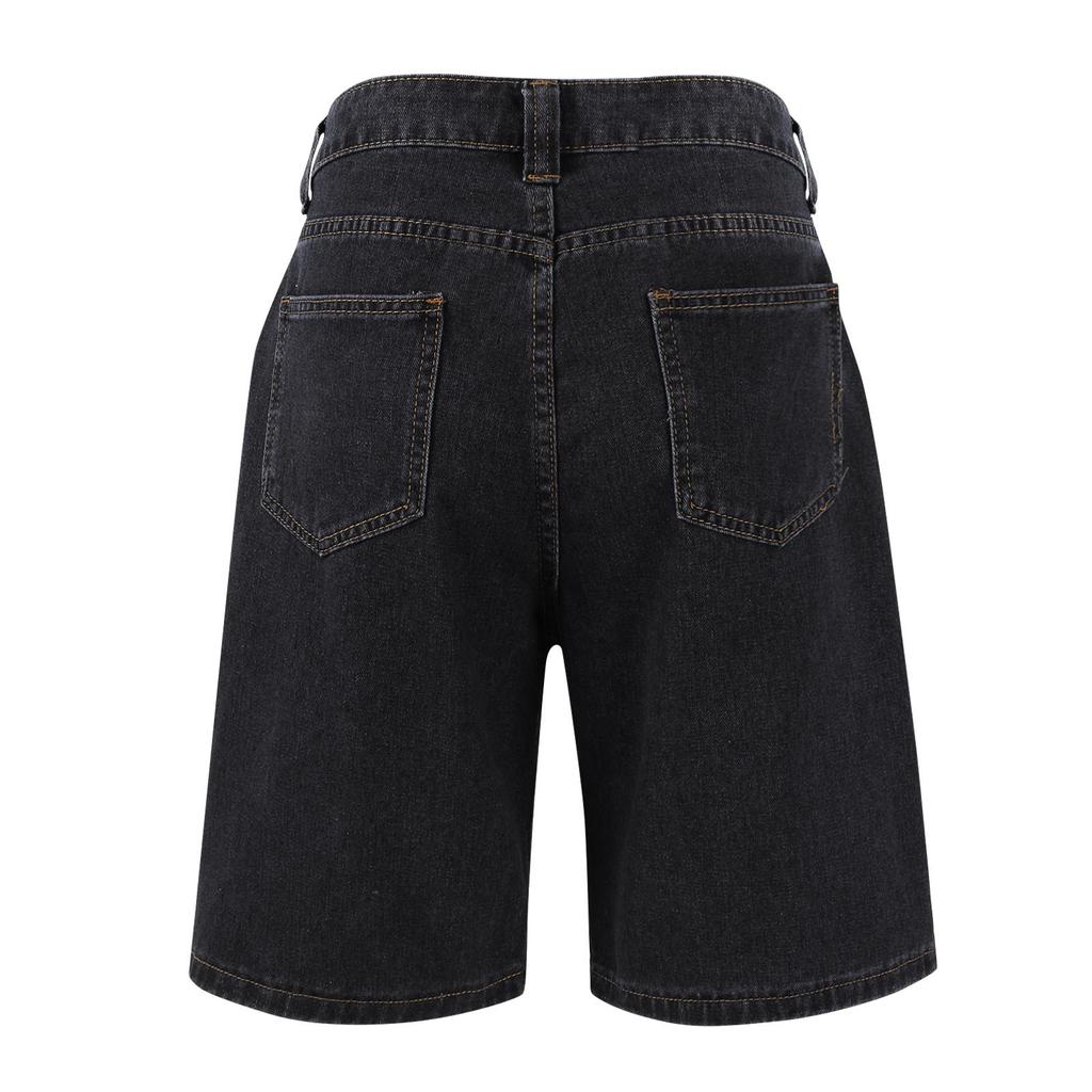 Women Jean High Waisted Trendy Patch Pockets Casual Summer Button Fly Denim Knee Length