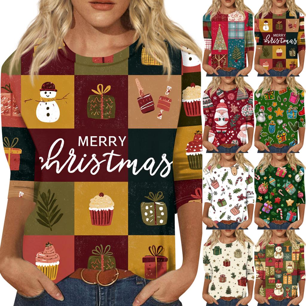 Women's Fashion Casual Round Neck Three-quarter Sleeve Christmas Print T-shirt Top