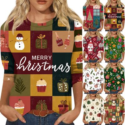 Camiseta de Manga Tres Cuartos con Cuello Redondo Casual de Moda para Mujer con Estampado Navideño