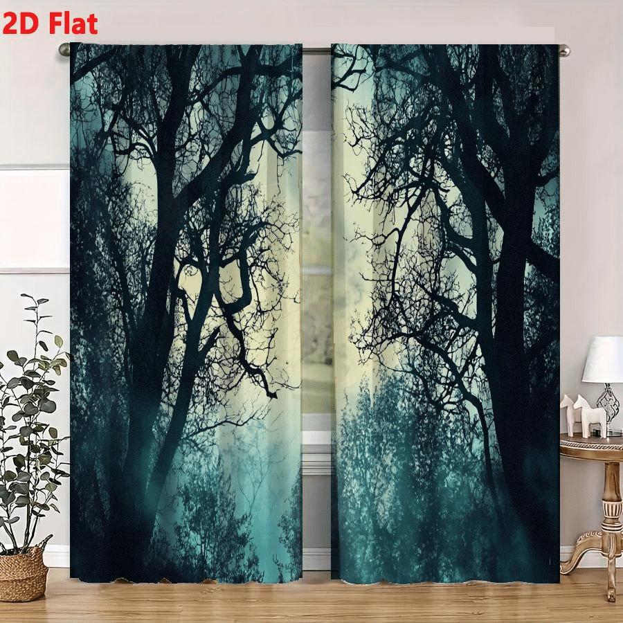 2Pcs Curtains Forest Canopy With Bare Trees And Mist Window Drapes for Bedroom Room Decor Decoration Window Treatment.