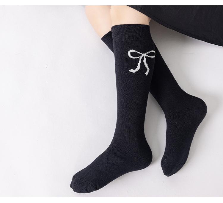 3pairs Girls' Knee-high Slouch Socks Black White Gray Bow Spring Stackable Tights For Kids 3-12Y Children Casual School Sockens