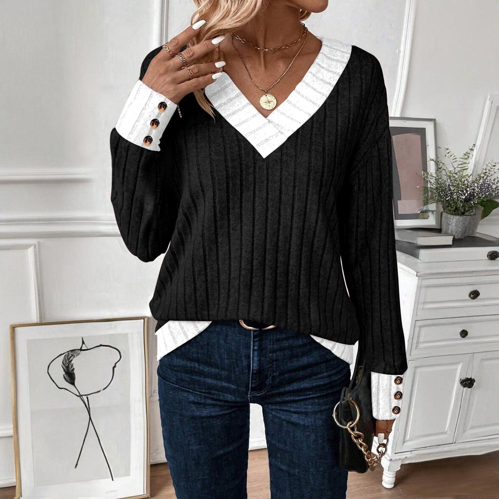 

Women s V Neck Sweaters Casual Long Sleeve Pullover Knit Tops Loose Basic Clothing L чорний