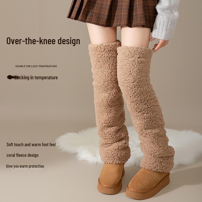 Women's Coral Fleece Over-the-Knee Socks - Warm Velvet-Enhanced Knee Pads & Leg Warmers for Autumn/Winter.