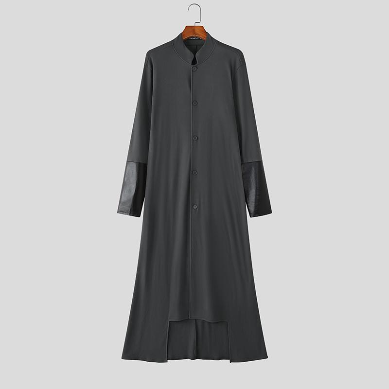 INCERUN Men Stand Neck Patchwork Long Sleeve Buttons High Splits Long Cardigan Coats
