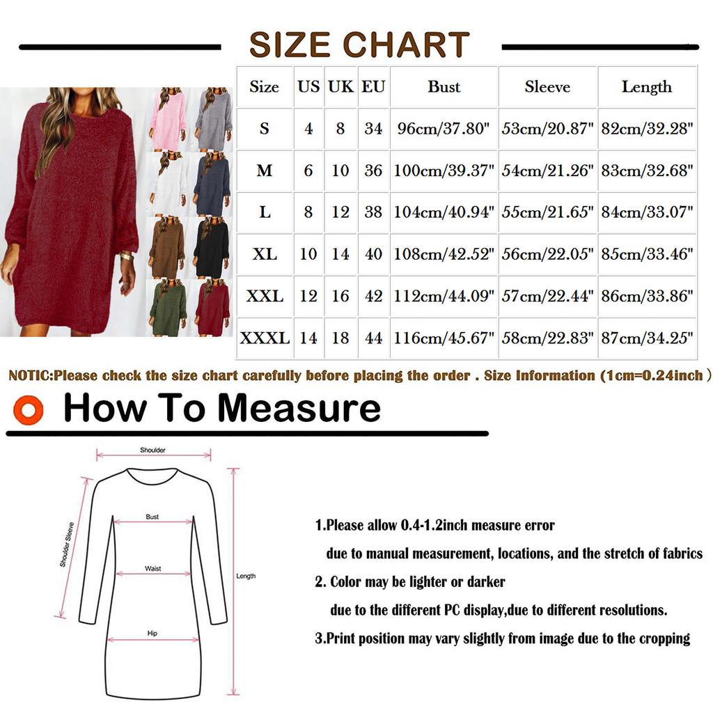 Fashion Women's Color Round Neck Long Sleeve Loose Plush Dress Sweater Dress