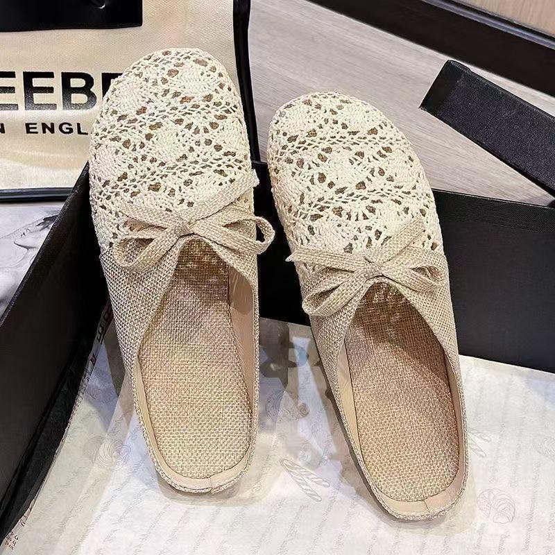 Lace bag head slippers women's linen new summer versatile outer wear mesh breathable non-slip half slippers sandals women