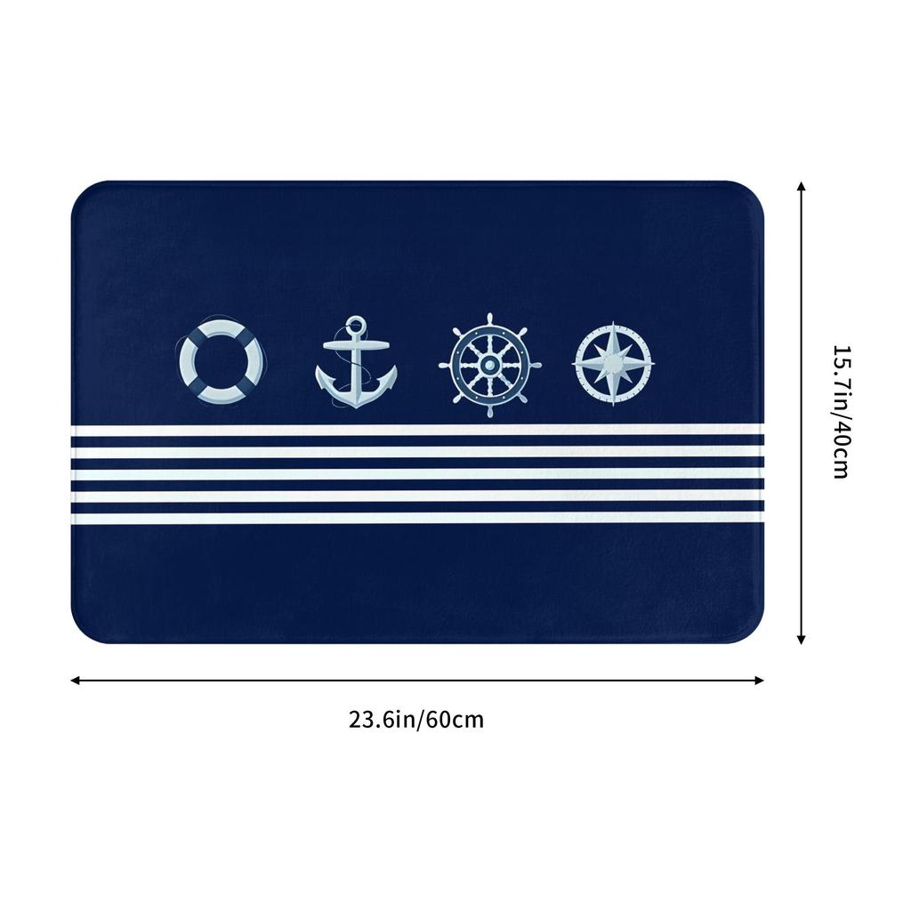 Zerbino Nautico Blu Navy con Ancora Salvagente Strisce Stampate Poliestere Lavabile in Lavatrice Solo Acqua Fredda 80x50cm