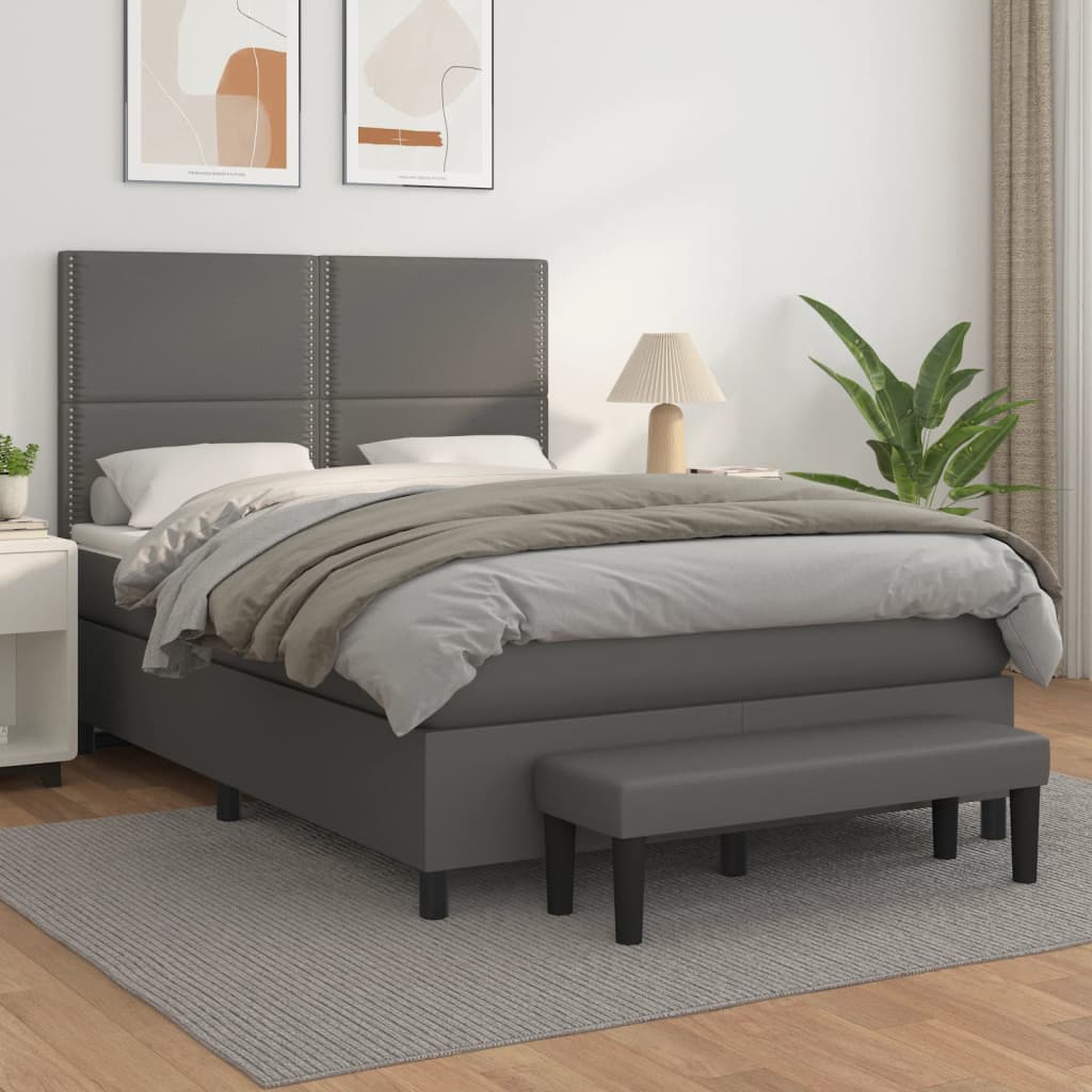 Box Spring Bed with Mattress Gray 140 x 190 cm Artificial Leather