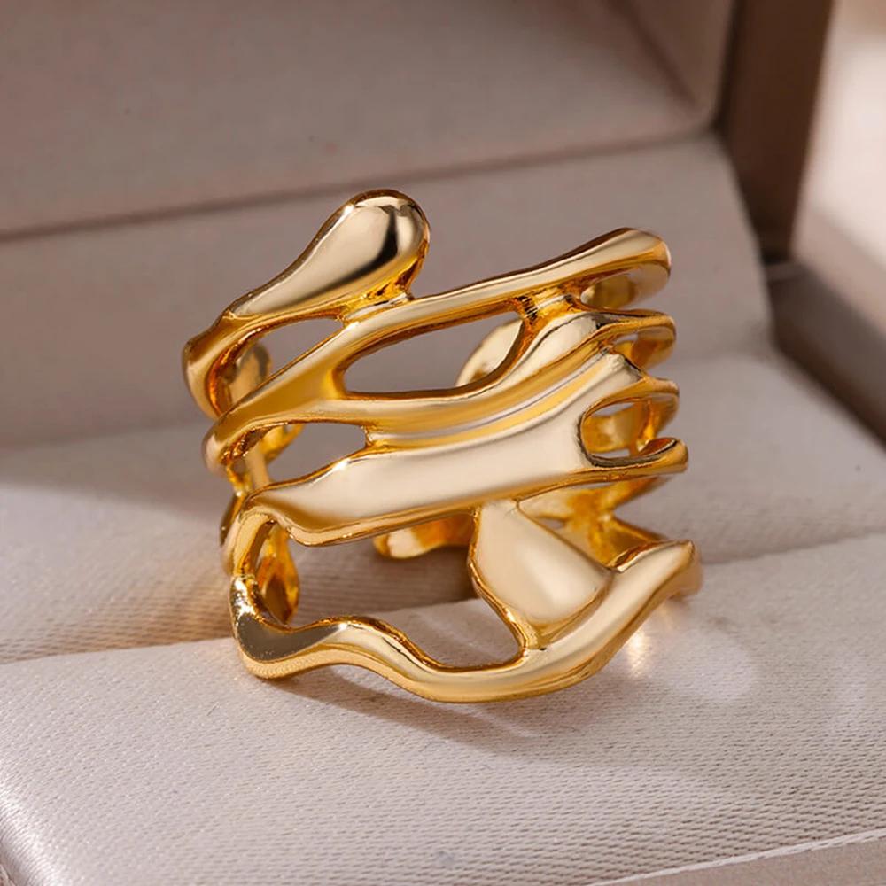 Stainless Steel Chunky Wide Rings For Women Vintage Gold Color Geometric Open Finger Ring Fashion Minimalist Jewelry Gift Femme