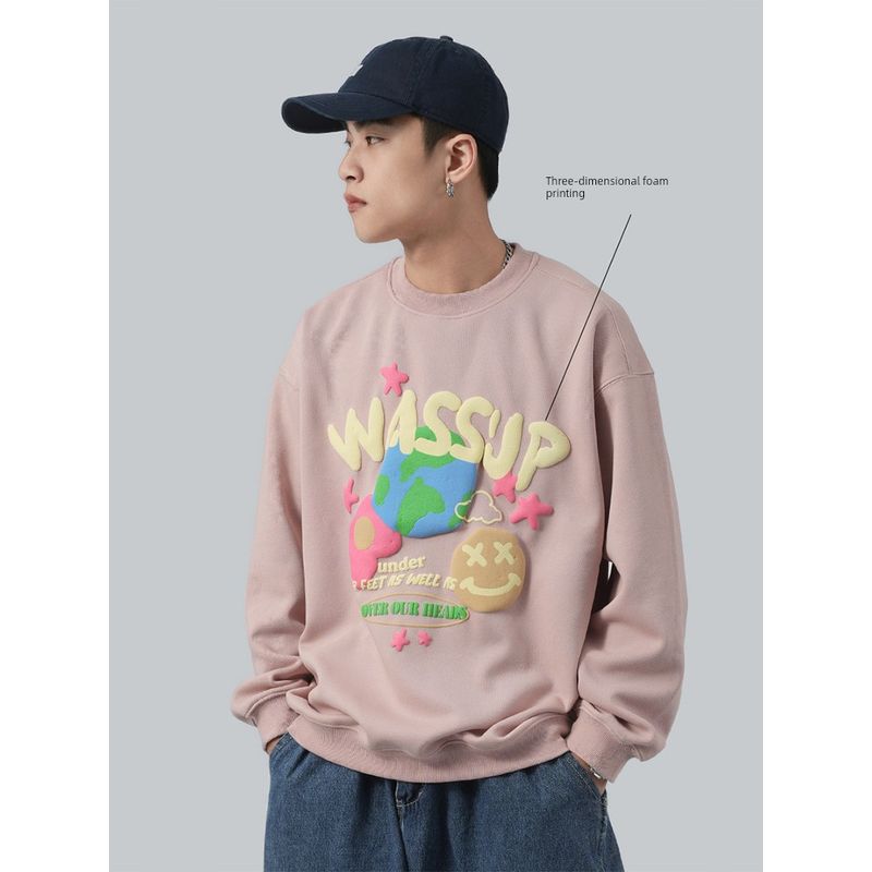 Wassup Heods Foam Stereo Letter Sweatshirt Men's Autumn and Winter Fleece-Lined Versatile Casual Round Neck Top for Couples
