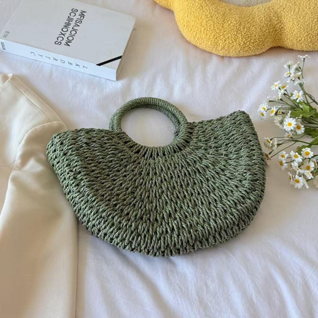 Stylish Handmade Straw Bag, Solid Color Large Retro Beach Portable Tote Bag for Women