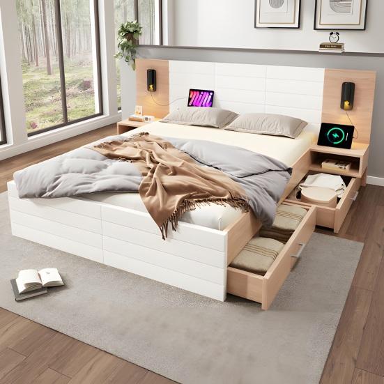 160x200cm Double Bed with 2 Drawers Bedside Cabinets Reading Light Headboard USB Charging Function Strong Wood Slat Support Bed Bedroom