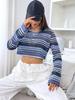 Women's Long Sleeve Round Neck Multicolor Striped Crop Top with Hollow Design