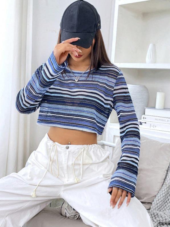 Women's Long Sleeve Round Neck Multicolor Striped Crop Top with Hollow Design