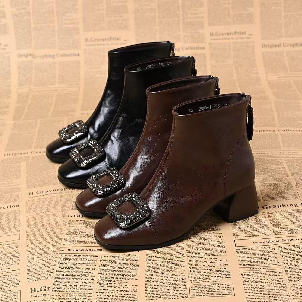 New Style Shoes: Square-toed Ankle Boots, Chunky-heeled Mid-calf Boots, Square-button Low-heeled Women's Shoes
