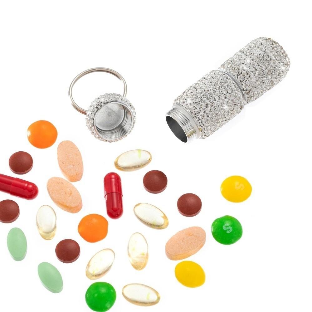 with Keychain Bling Pill Case Rhinestone Rhineston Pill Container Portable Cute Storage Box Travel