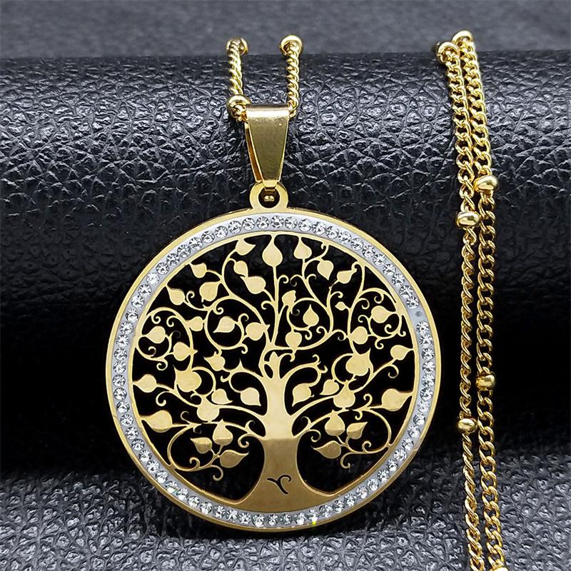 Fashion Tree of Life Stainless Steel Necklace Gold Color Crystal Pendant Necklaces Elegant Women Girl Jewelry Gifts N76S01