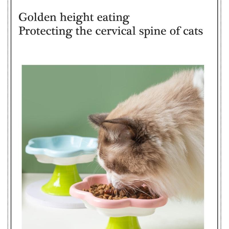 Ceramic Pet Bowl Flower Shape Cats Food Dish Nonslip Elevated Stand Feeding Plate for Neck Protections and Easy Cleaning