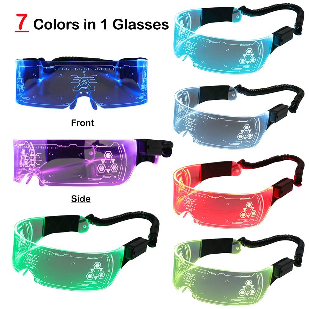 [PLOPLO] LED Visierbrille, USB wiederaufladbar, 7 Farben, 4 Modi, Futuristisches Brillenmodell, Leuchtende Blinkerbrille, Schild Sonnenbrille, Halloween Party