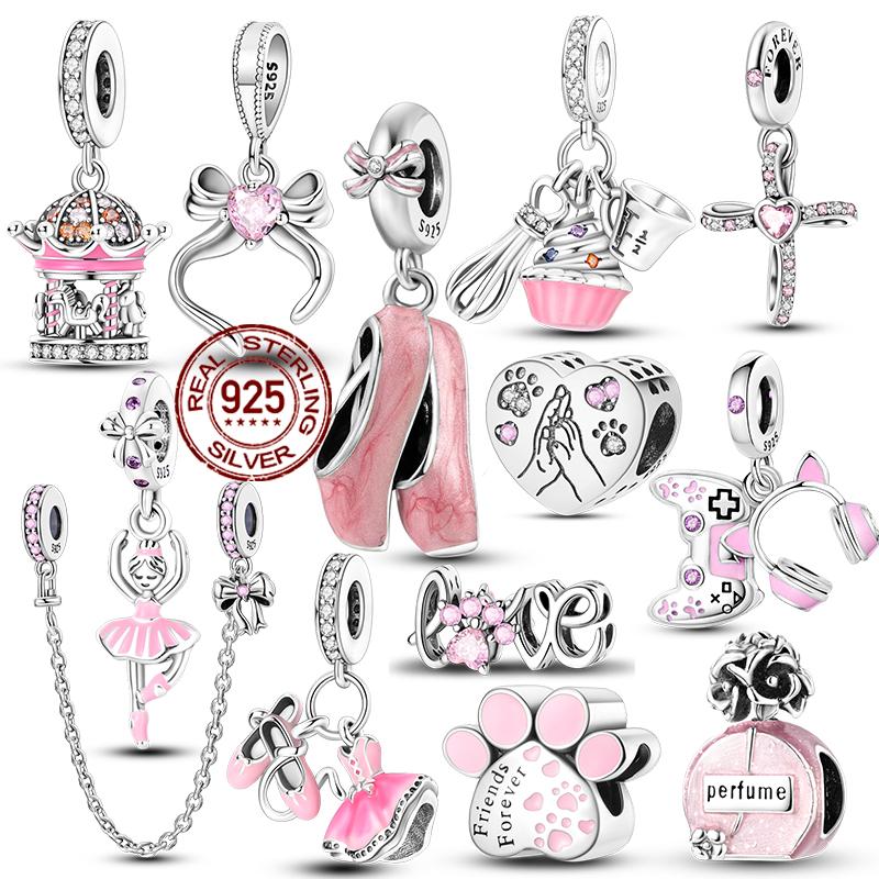 925 Silver Pink Ballet Girl Bow Pendant Charms Beads Fit Original 925 Bracelet Necklace Jewelry Making For Women DIY