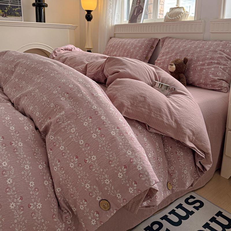 Retro Floral Linen Bedding Set: Autumn & Winter 4-Piece with Button Duvet Cover & Sheet