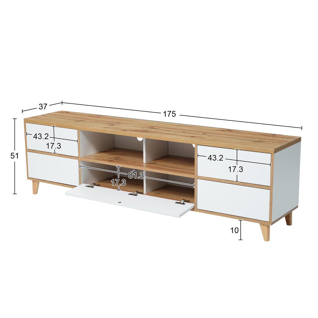 TV Cabinet, Lowboard, Living Room Furniture In White and Wood Colors. Compartments and Doors In Natural Farmhouse Style.