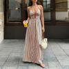 Spring new, elegant and sexy V-neck backless striped slim dress