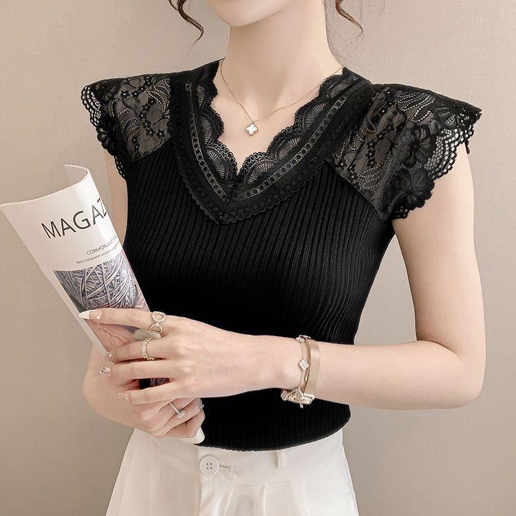 Basic Lace V Neck T Shirt For Women With Short Sleeves And Bodycon Fit For Daily Wear