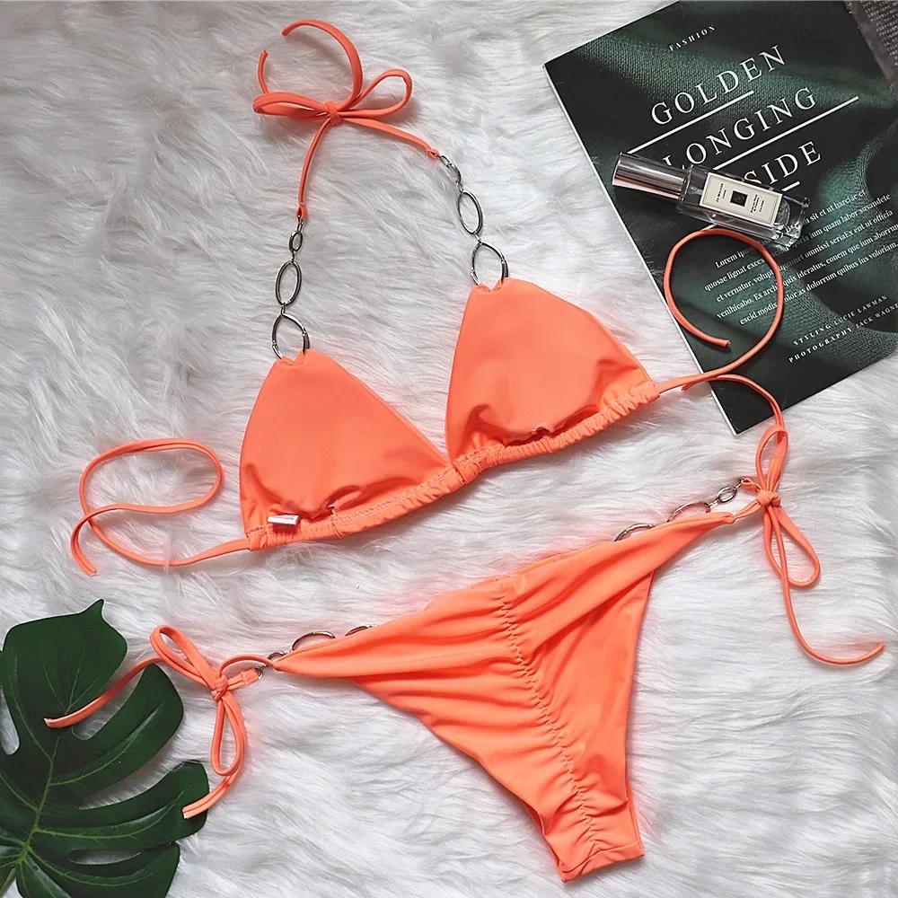 Maillot de bain Sexy avec strass pour femmes, accessoires en métal, fendu, Bikini de vacances, bretelles de couleur unie, européen et américain, nouvelle collection 2024