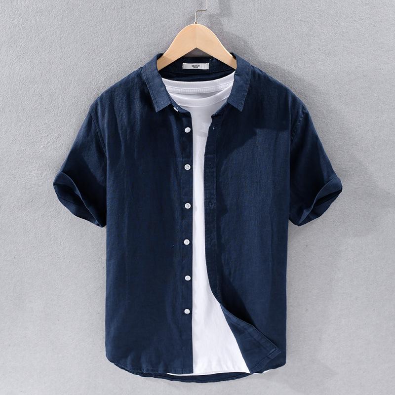 Camisa Casual de Manga Curta de Linho Puro para Homem - Estilo Versátil, Atacado 9012