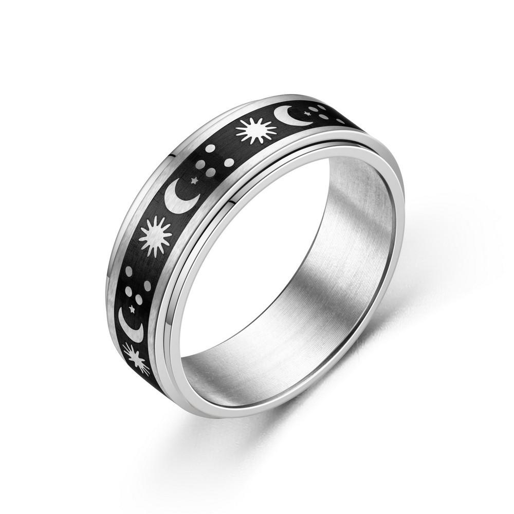 European & American Titanium Steel Moon & Star Rotating Couple Ring Set
