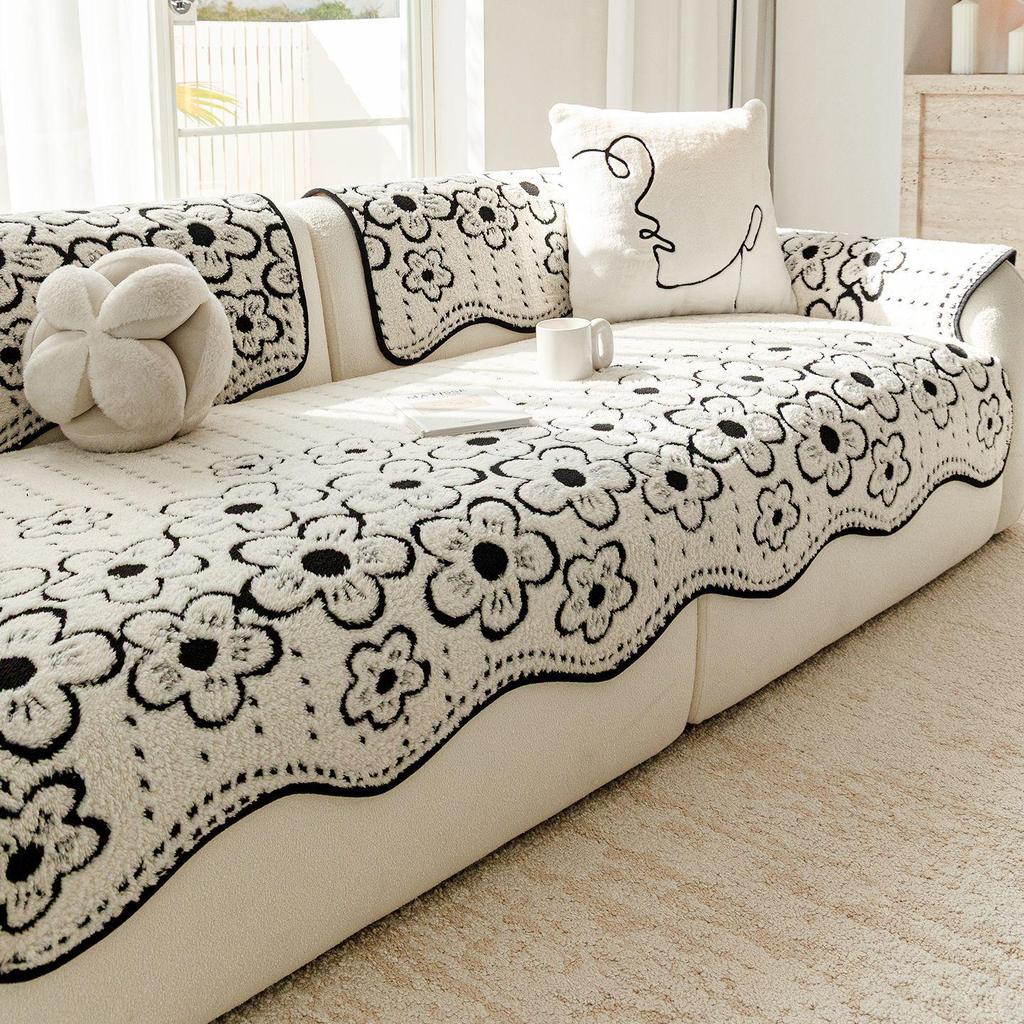 Shu Cotton Velvet Floral Jacquard Non-Slip Sofa Cushion, Thick Cream Style Cover for Autumn/Winter 2025