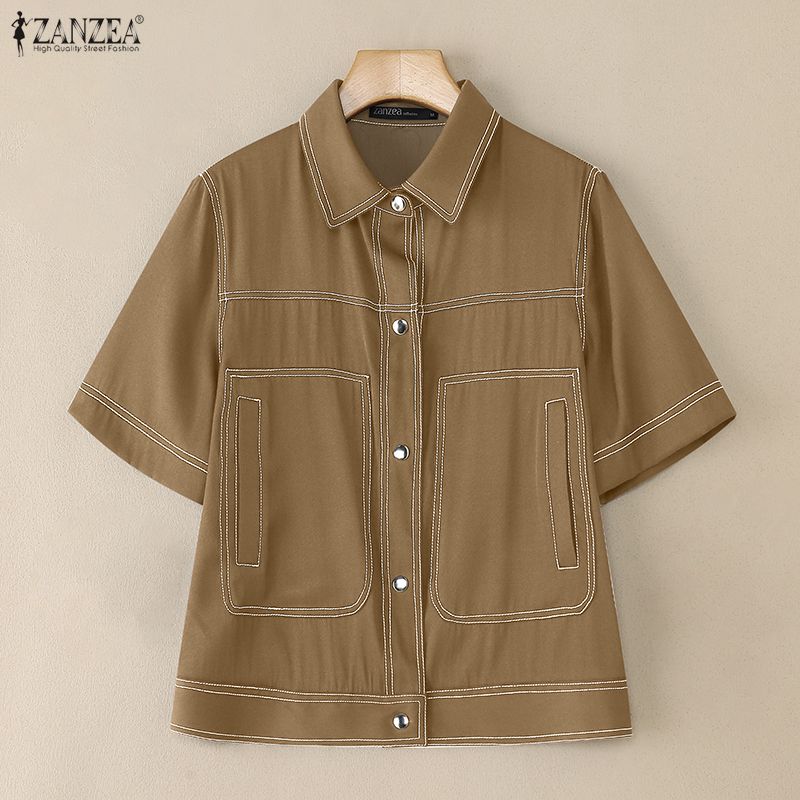 ZANZEA Women Casual Turn Down Collar Summer Short Sleeve Blouse