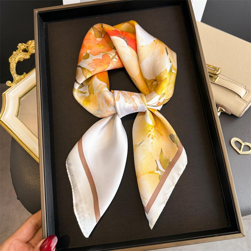 

Luxury Brand Neckerchief Female Square Scarf for Women Silk Feeling Shawl Satin Hijab Fashion Wraps Hair Bands Ribbon Headband 70x70 cm