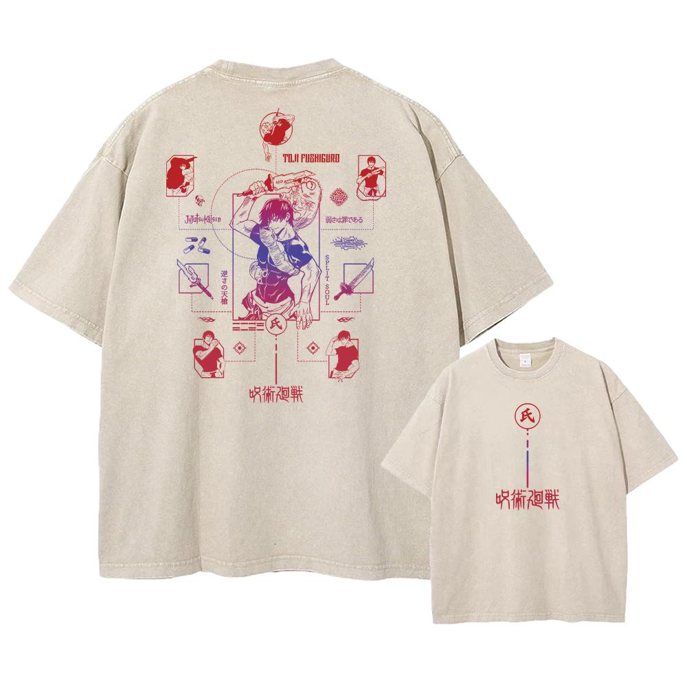 Printed Jujutsu Kaisen Acid T Shirt Short Sleeve Streetwear Cotton T-shirt Anime Graphic Retro Loose T Shirt Washed Top