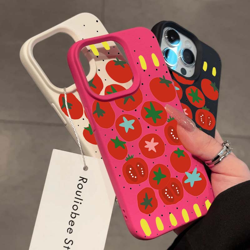 Case For iPhone 11 12 13 14 15 16 Pro Max New Ins Creative Tomato Print Lichee Pattern Cover For iPhone XS Max X XR 16 Plus 16e