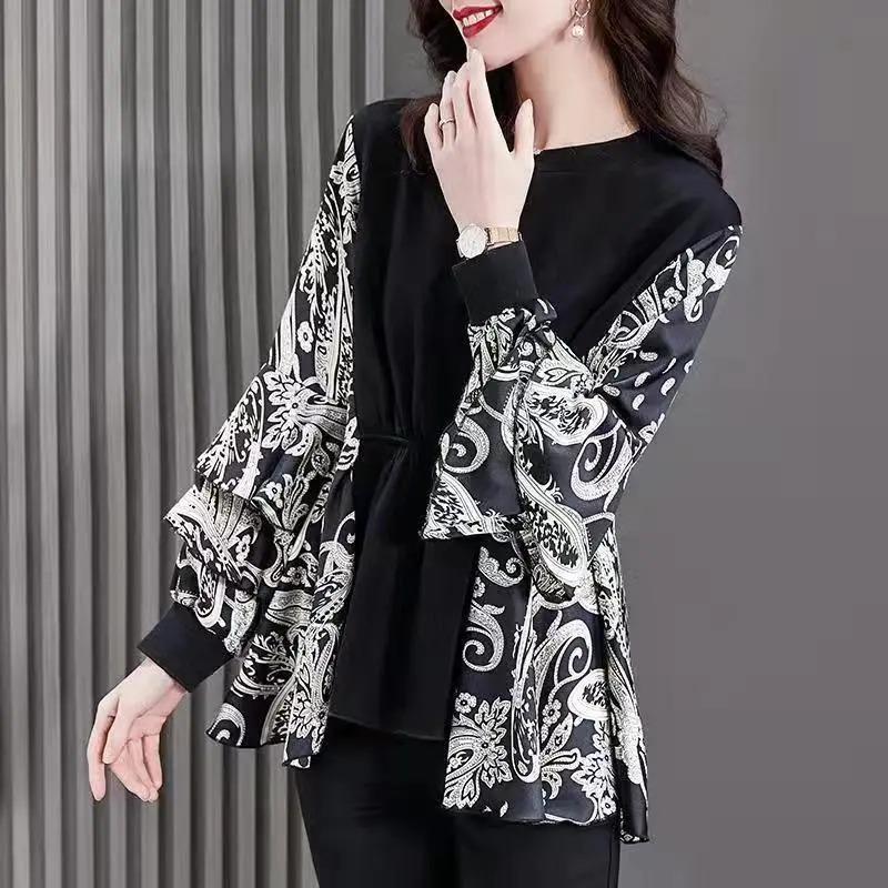 Autumn Long-sleeved Women's Tops Round Neck Printed Fashionable Middle-aged Plus Size Bottoming Shirts for Women