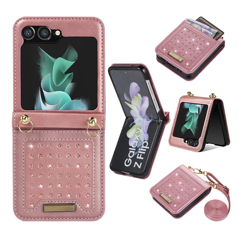 Bling Diamond Leder Portemonnaie Handyhülle für Samsung Galaxy Z Flip 5 Z Flip4 Z Flip 3 Kartenhalter Tasche Crossbody Lanyard Cover
