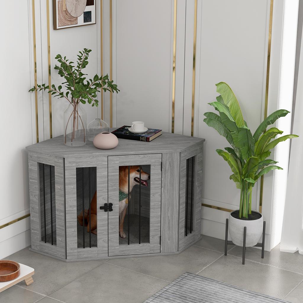 Dog Crate Furniture Side Table, with Cushion, 104 x 55 x 63cm - Grey