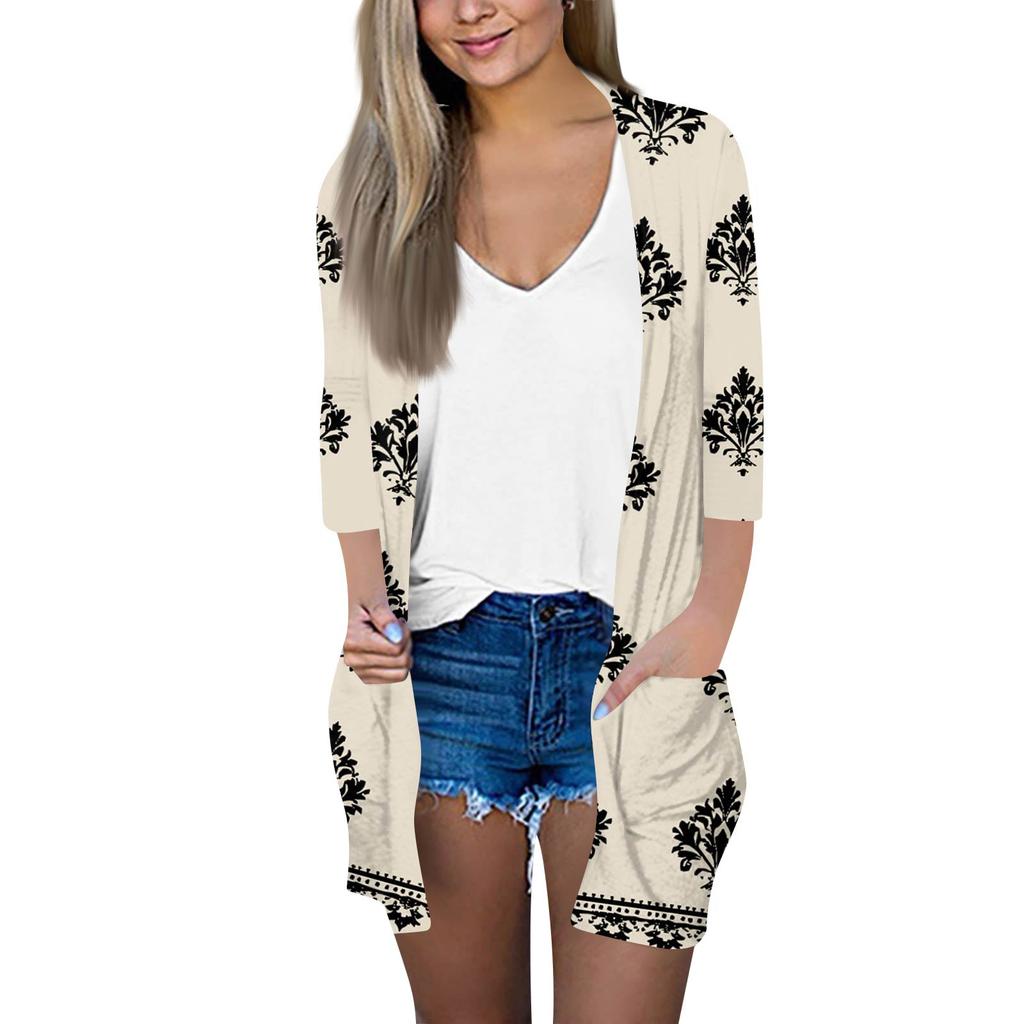 Women's Fashion Loose Casual Pocket Printed Cardigan Seven Sleeve Jacket Top