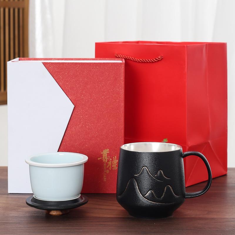 Handmade gilt silver creative ceramic mug gift box set 999Silver-plated office cup with lid, tea-water separation brewing cup