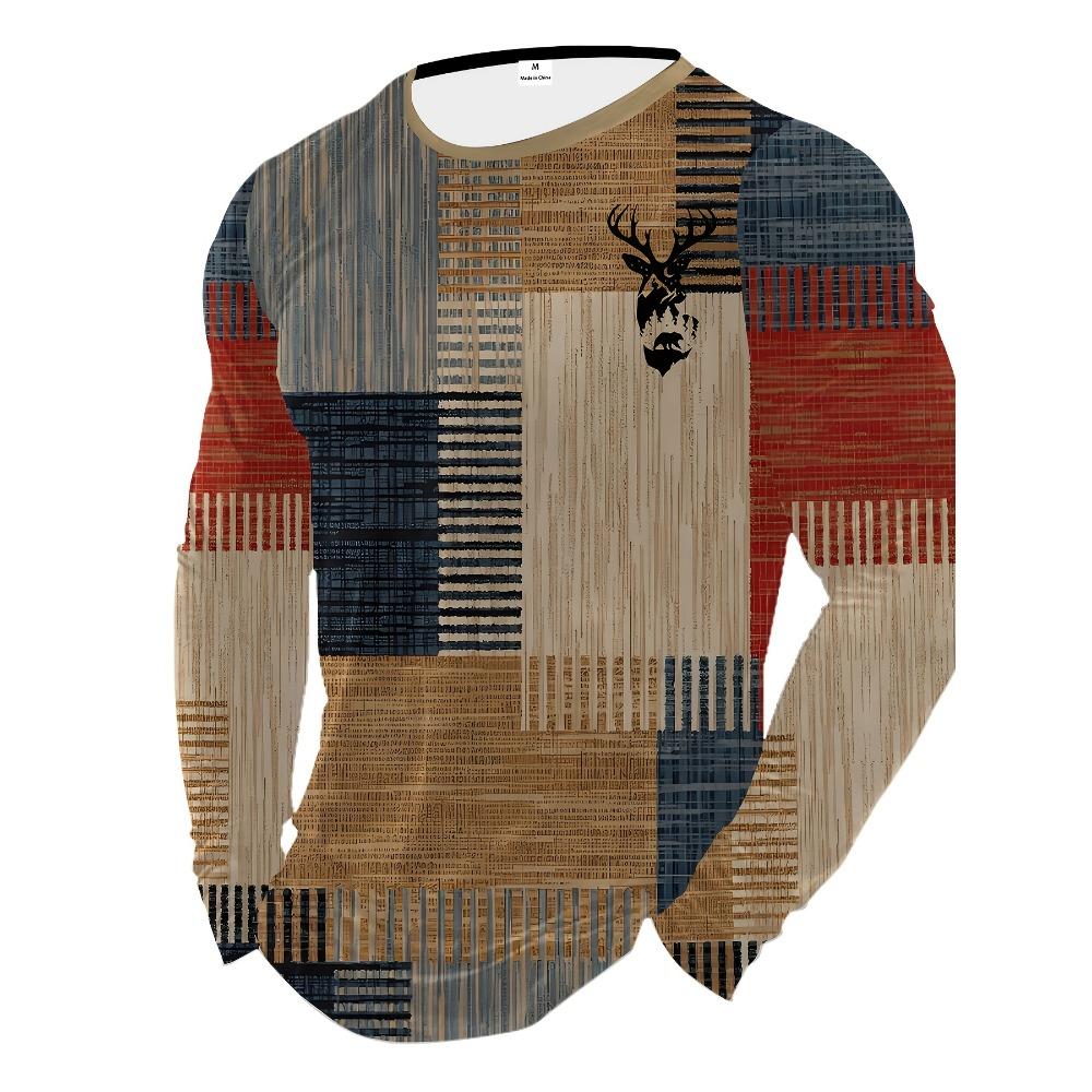 Men s casual deer head print-digital 3D printing stitching contrasting shirt-breathable long-sleeved top XS