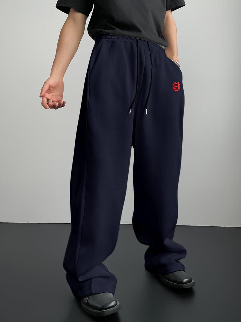 Men's Cross-Border Embroidered Sweatpants: Casual Wide-Leg, Autumn/Winter, Plus Velvet