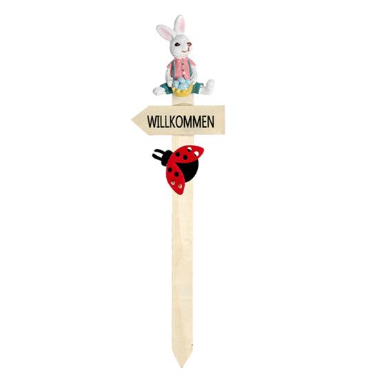Easter Planter Stakes Wooden Porch Welcome Sign with Ladybug And Resin Bunny for Indoor Outdoor Yard Lawn Path Terrace Flower Pots Decor