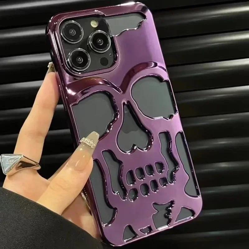 3D Matte Metallic Color Hollow Out Skull Phone Case for iPhone 16 15 13 12 11 14 ProMax 16 15 Plus Fashion Shockproof Soft Cover