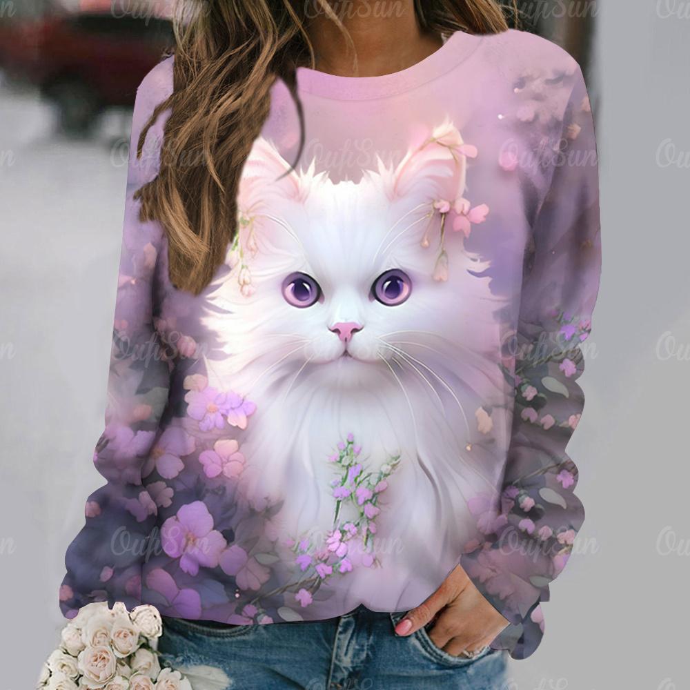 Flowers Cat  Long Sleeves Women Colorful Animal 3D Clothing  Tops O-Neck Cotton Clothes T-Shirt