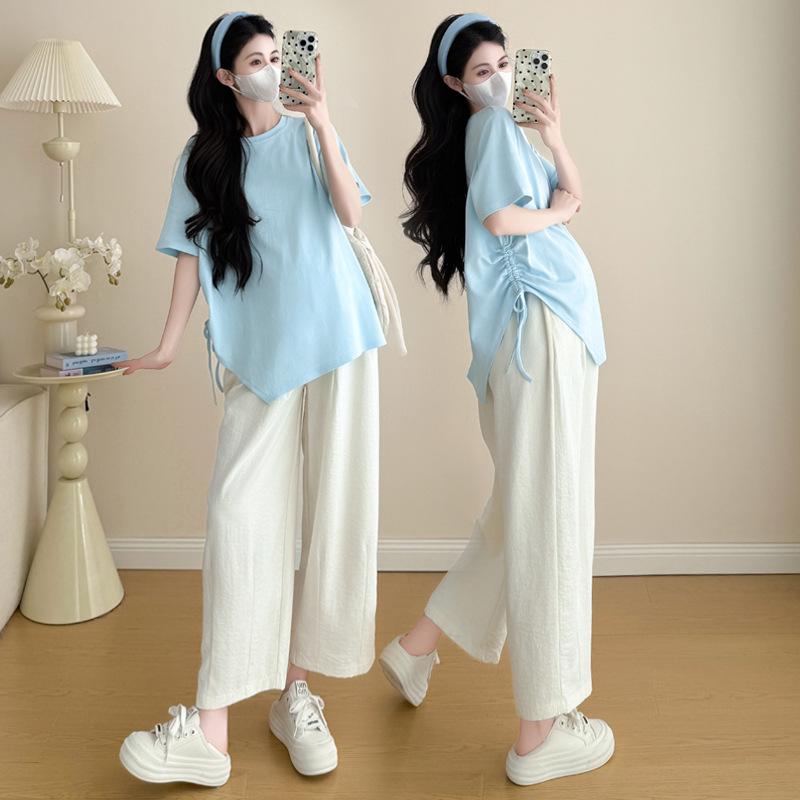 

2026 Trendy Plus Size Maternity Drawstring T-shirt - Short Sleeve Spring/Summer Fashion for Moms M тиффани синий