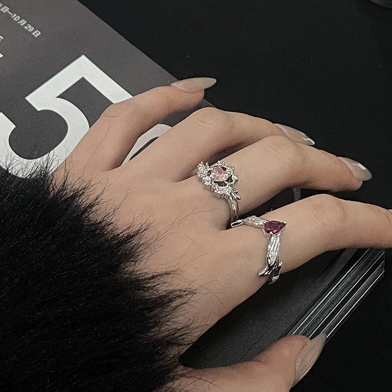 French Princess Style Light Luxury High-End Open Ring Stacked With Niche Design Pink Zircon Personalized Fashion Ring
