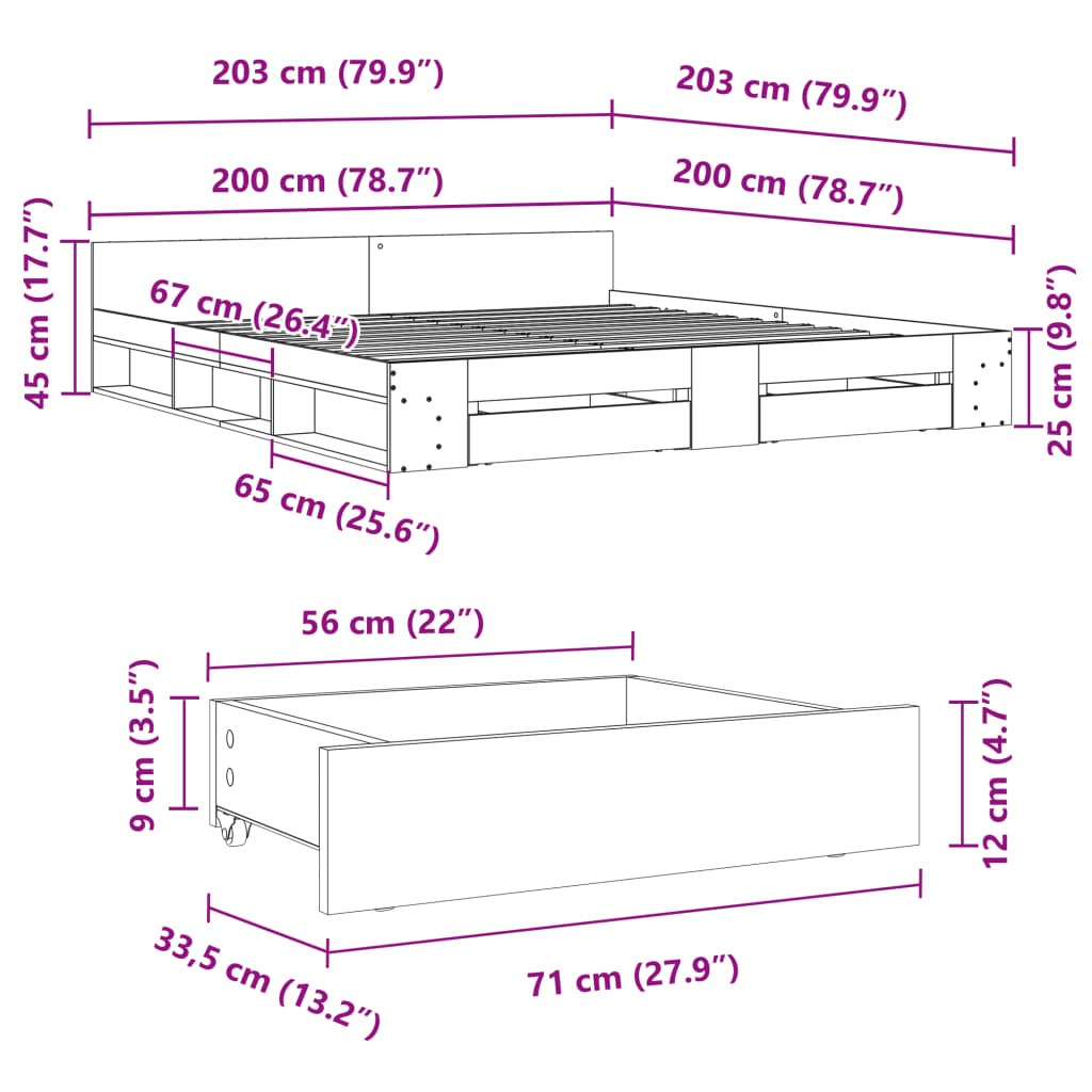 Bed Frame with Drawers Concrete Grey 200x200 cm Particleboard